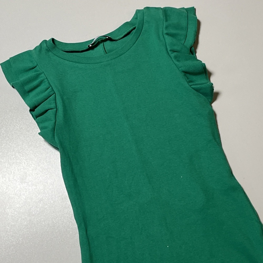 Zara Ribbed Knit Dress Size M Green Ruffle Sleeve‎ Pullover Casual Cute Bodycon